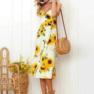 Y2K Sunflower Strapless Midi Dress - Sexy Backless Floral Sundress, Retro 90s Summer Beach Outfit