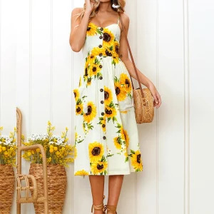 Y2K Sunflower Strapless Midi Dress - Sexy Backless Floral Sundress, Retro 90s Summer Beach Outfit