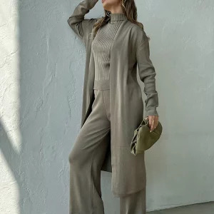 Y2K Three-Piece Cardigan Set: Striped Pullover Top, Wide Leg Pants, and Long Sleeve Sweater