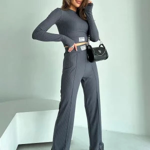 Y2K Two Piece Set: Casual Long Sleeved Blouse & Wide Leg Pants - Retro 90s Fashion, Grunge, Summer Outfits