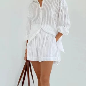 Y2K Two Piece Shorts Set: Striped White Shirt & Elastic Waist Shorts - Retro 90s Summer Outfit