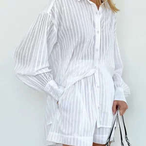 Y2K Two Piece Shorts Set: Striped White Shirt & Elastic Waist Shorts - Retro 90s Summer Outfit