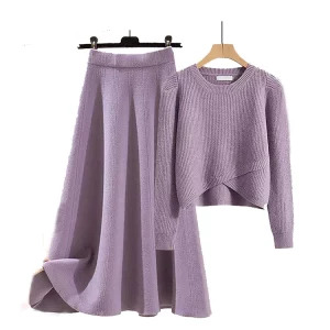 Y2K Two Piece Skirt Set - Knitted Pullover Sweater & High Waist A-Line Skirt, 90s Fashion