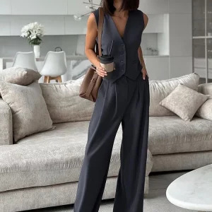 Y2K Two Piece Wide Leg Pants Set - V-Neck Sleeveless Vest & Casual Spring Outfit