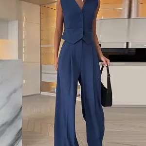 Y2K Two Piece Wide Leg Pants Set - V-Neck Sleeveless Vest & Casual Spring Outfit