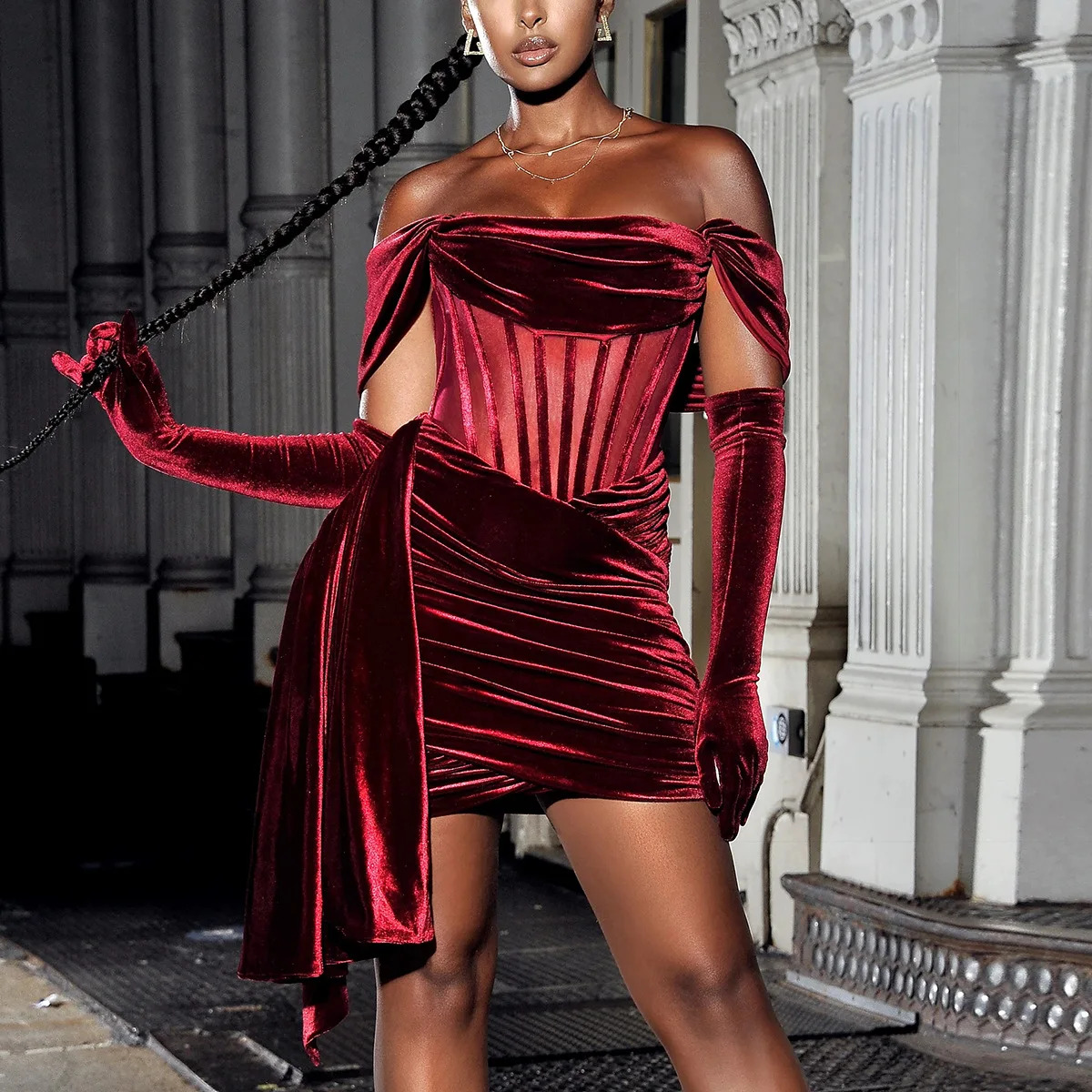 Y2K Velvet Off-Shoulder Bodycon Dress - Wine Red Mesh Patchwork, 90s Grunge Party Outfit