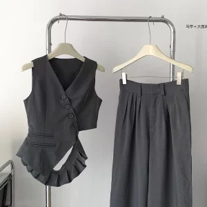 Y2K Vintage Aesthetic 2-Piece Set: Single-Breasted Vest & Wide Leg Pants