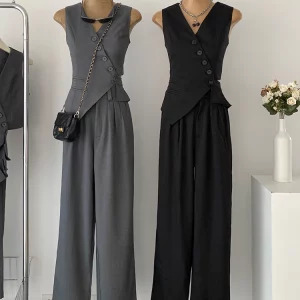 Y2K Vintage Aesthetic 2-Piece Set: Single-Breasted Vest & Wide Leg Pants