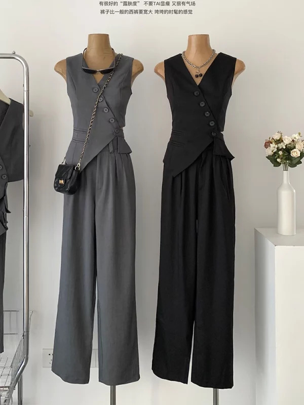 Y2K Vintage Aesthetic 2-Piece Set: Single-Breasted Vest & Wide Leg Pants