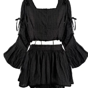 Y2K Vintage Aesthetic 2-Piece Set: Square Collar Blouse + Mini Skirt Shorts