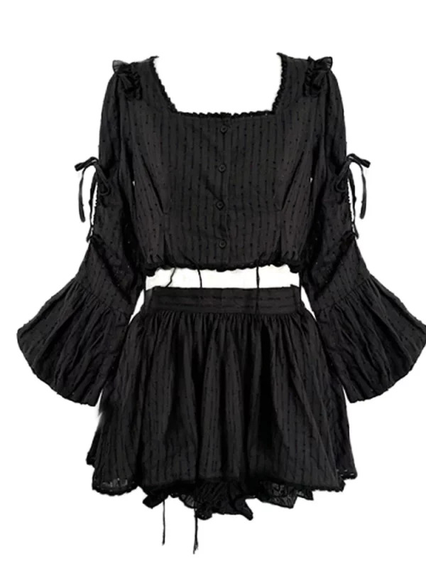 Y2K Vintage Aesthetic 2-Piece Set: Square Collar Blouse + Mini Skirt Shorts