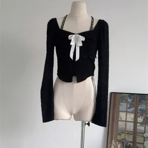 Y2K Vintage Aesthetic Crop Top with Square Collar and Bow Detail