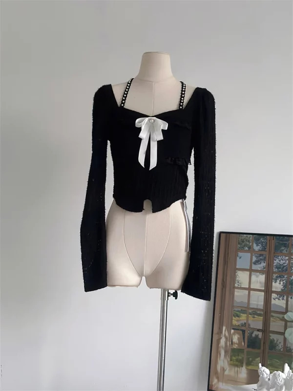 Y2K Vintage Aesthetic Crop Top with Square Collar and Bow Detail