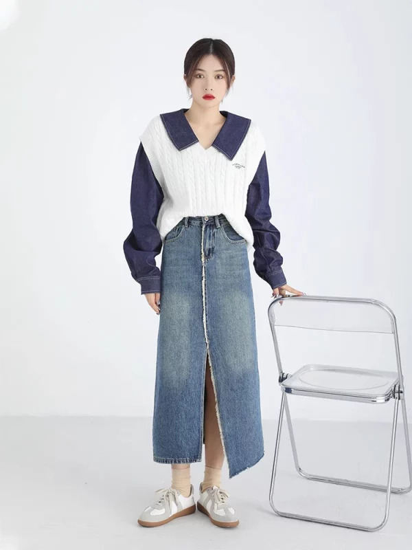 Y2K Vintage Aesthetic Denim Shirt with Knit Patchwork