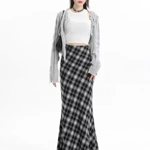 Y2K Vintage Aesthetic High Waist Plaid A-line Midi Skirt - Fairy Core Retro Style