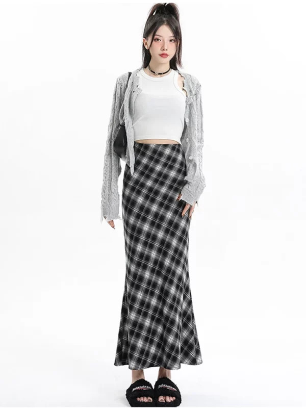 Y2K Vintage Aesthetic High Waist Plaid A-line Midi Skirt - Fairy Core Retro Style