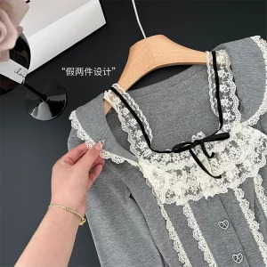 Y2K Vintage Aesthetic Lace Crop Top - French Style Long Sleeve T-Shirt for Women