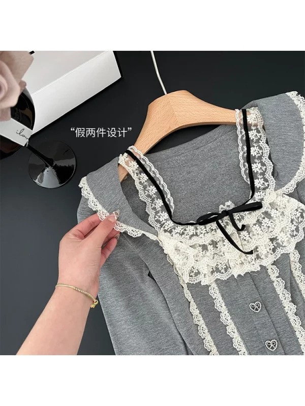 Y2K Vintage Aesthetic Lace Crop Top - French Style Long Sleeve T-Shirt for Women