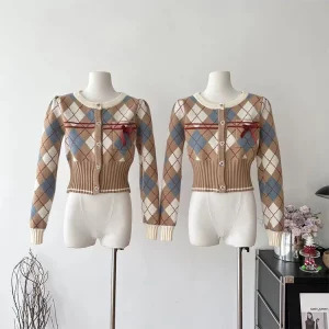 Y2K Vintage Aesthetic Plaid Cardigan - Preppy Style Cropped Sweater