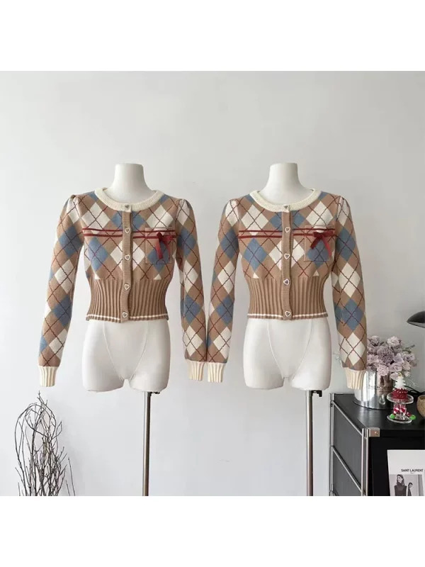 Y2K Vintage Aesthetic Plaid Cardigan - Preppy Style Cropped Sweater