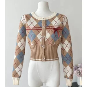 Y2K Vintage Aesthetic Plaid Cardigan - Preppy Style Cropped Sweater