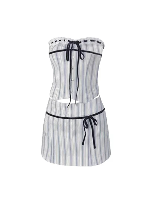 Y2K Vintage Aesthetic Striped 2-Piece Set: Tube Top and Mini Skirt