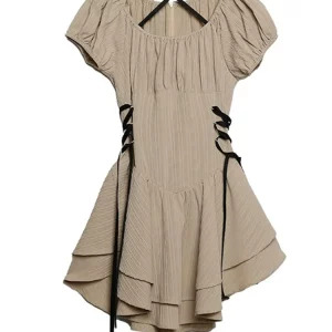 Y2K Vintage Aesthetic Summer Dress with Ruffles and Lace-Up Detail