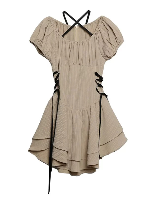 Y2K Vintage Aesthetic Summer Dress with Ruffles and Lace-Up Detail