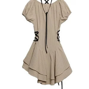 Y2K Vintage Aesthetic Summer Dress with Ruffles and Lace-Up Detail