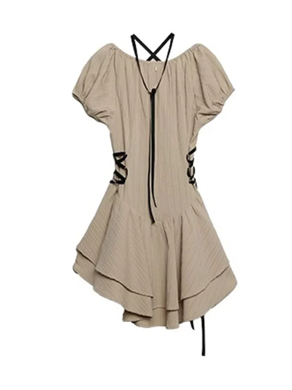 Y2K Vintage Aesthetic Summer Dress with Ruffles and Lace-Up Detail