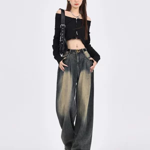 Y2K Vintage American Gyaru Pleated Denim Pants - Grunge Baggy Jeans - Aesthetic Cyber Punk Haraj