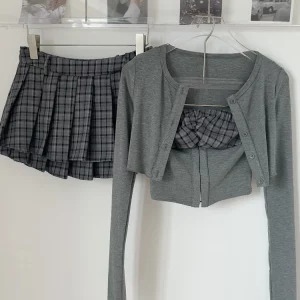 Y2K Vintage Autumn Women Korean Fashion 3-Piece Set: Crop Cardigan, Plaid Tube Top, Mini Ple