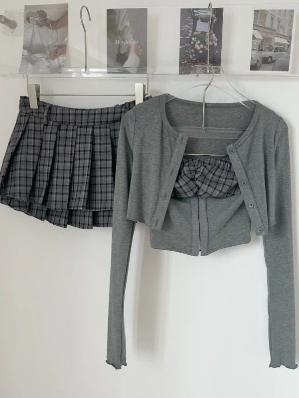 Y2K Vintage Autumn Women Korean Fashion 3-Piece Set: Crop Cardigan, Plaid Tube Top, Mini Ple