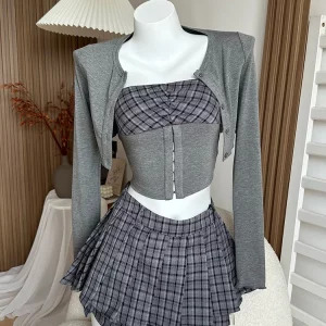 Y2K Vintage Autumn Women Korean Fashion 3-Piece Set: Crop Cardigan, Plaid Tube Top, Mini Ple