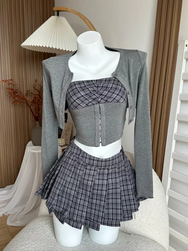 Y2K Vintage Autumn Women Korean Fashion 3-Piece Set: Crop Cardigan, Plaid Tube Top, Mini Ple