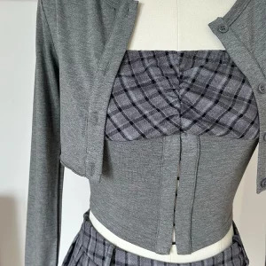 Y2K Vintage Autumn Women Korean Fashion 3-Piece Set: Crop Cardigan, Plaid Tube Top, Mini Ple