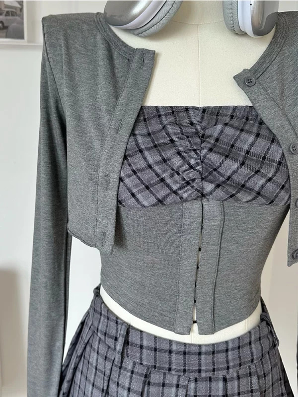 Y2K Vintage Autumn Women Korean Fashion 3-Piece Set: Crop Cardigan, Plaid Tube Top, Mini Ple