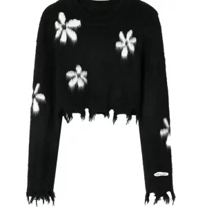 Y2K Vintage Baddie Style O-neck Jumper - Mori Girl Korean Fashion Jacquard Crop Sweater