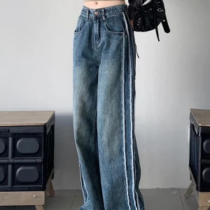 Y2K Vintage Baggy Denim Pants: Striped Jeans for Grunge Streetwear & Japanese Fashion