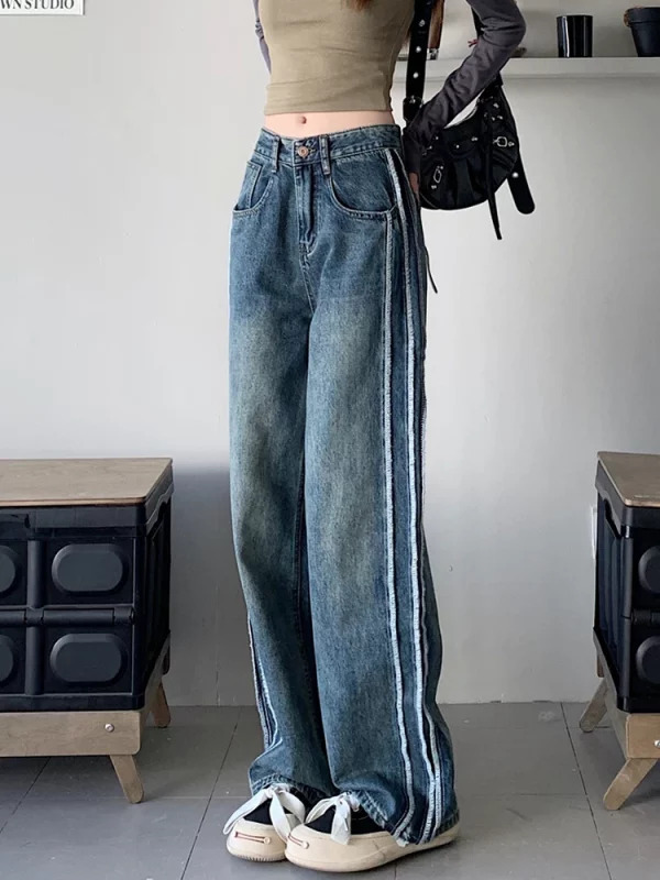 Y2K Vintage Baggy Denim Pants: Striped Jeans for Grunge Streetwear & Japanese Fashion