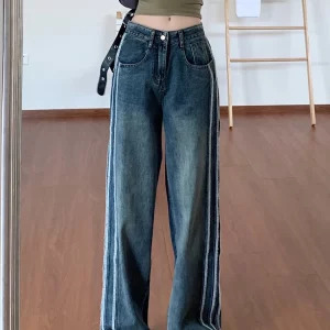 Y2K Vintage Baggy Denim Pants: Striped Jeans for Grunge Streetwear & Japanese Fashion