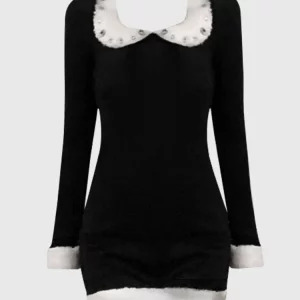 Y2K Vintage Black Dress with Peter Pan Collar and Diamond Embellishments