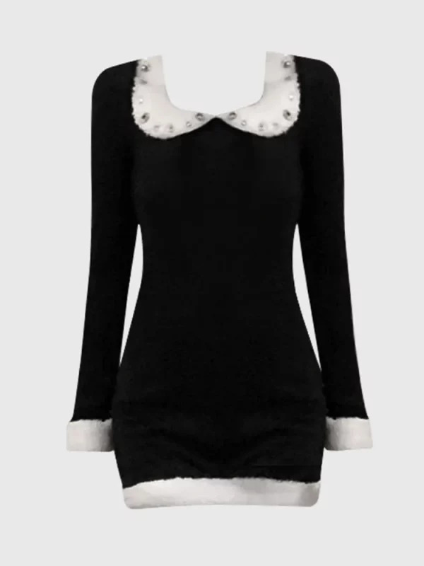 Y2K Vintage Black Dress with Peter Pan Collar and Diamond Embellishments