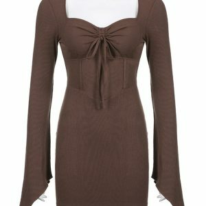 Y2K Vintage Brown High Waist Flare Sleeve Mini Dress - Spring Summer Sexy 90s Fashion