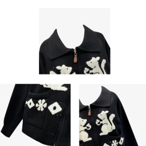 Y2K Vintage Cartoon Embroidery Cardigan - Korean Fashion Turn-down Collar Full Zip Sweater for Women