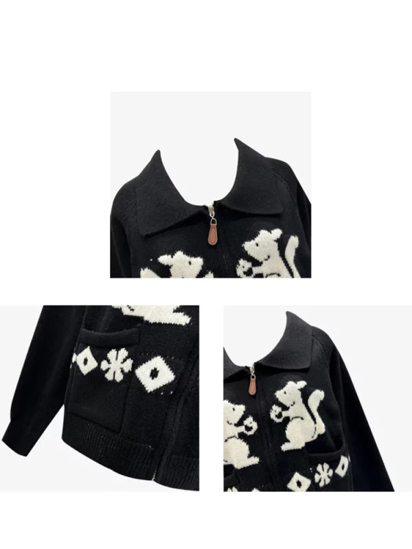 Y2K Vintage Cartoon Embroidery Cardigan - Korean Fashion Turn-down Collar Full Zip Sweater for Women