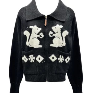 Y2K Vintage Cartoon Embroidery Cardigan - Korean Fashion Turn-down Collar Full Zip Sweater for Women