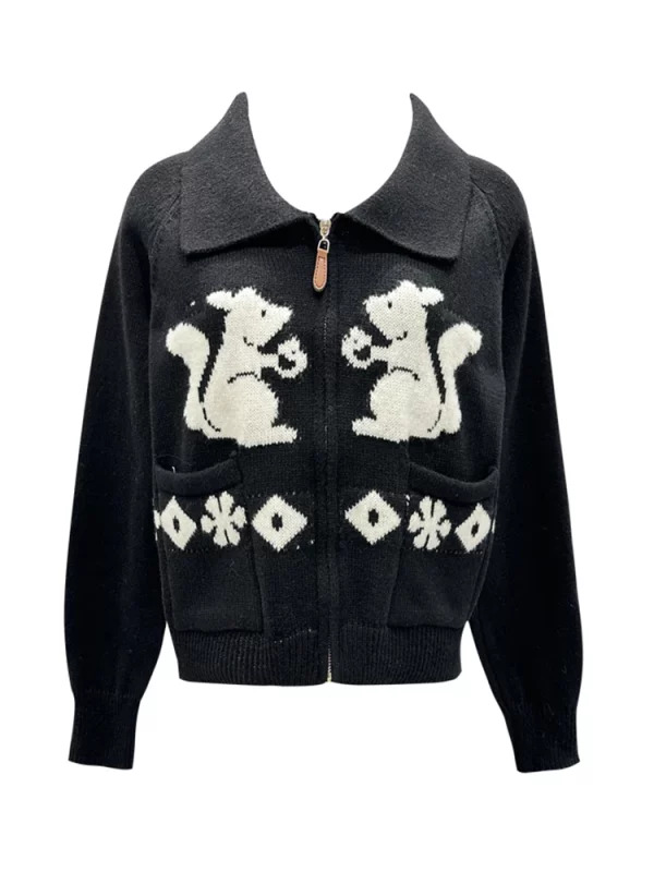 Y2K Vintage Cartoon Embroidery Cardigan - Korean Fashion Turn-down Collar Full Zip Sweater for Women