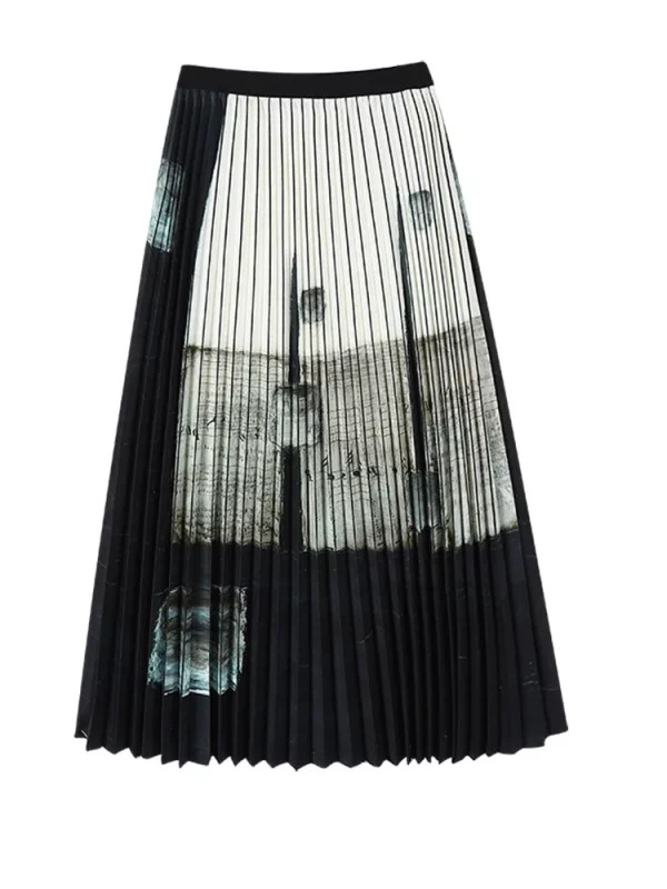 Y2K Vintage Chinese Style Midi A-line Pleated Skirt - Dark Academia Goth Retro Cyberpunk Boho Tide A