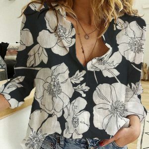 Y2K Vintage Cotton Linen Lapel Long Sleeve Oversized Button-Up Blouse - Casual Grunge Fashion